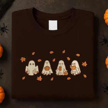 Spooky Fall Embroidered Sweatshirt, Halloween Ghost Fall Leaves Crewnecks, Ghost Pumpkin Jumper, Autumn Aesthetic Sweater, Halloween Outfits