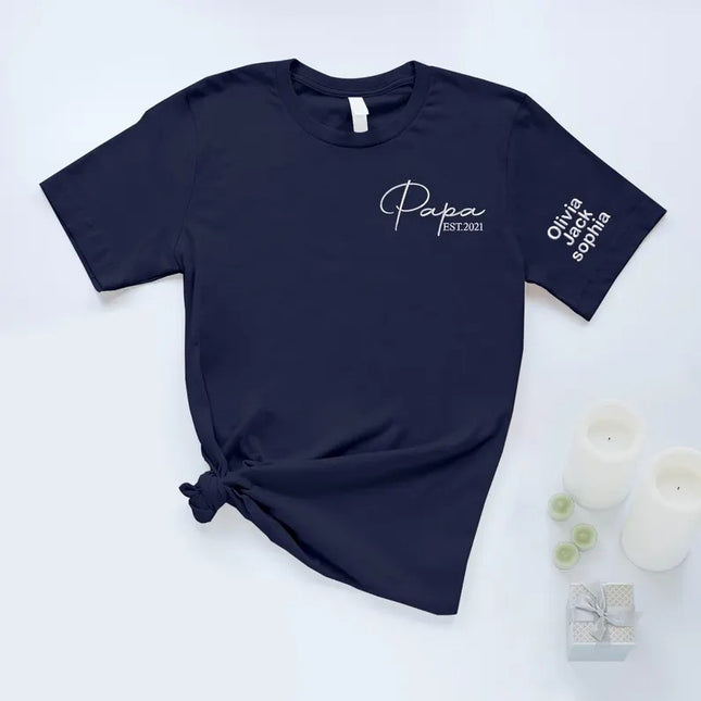 Personalised Papa Embroidered Shirt, Custom Kids Name On Sleeve T-Shirt, Dad Est Year Tee Tops, Funny Gift For Husband, Father's Day Gift