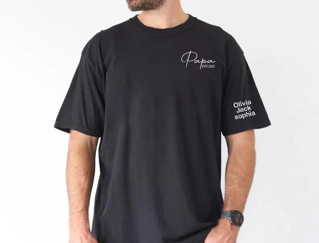 Personalised Papa Embroidered Shirt, Custom Kids Name On Sleeve T-Shirt, Dad Est Year Tee Tops, Funny Gift For Husband, Father's Day Gift