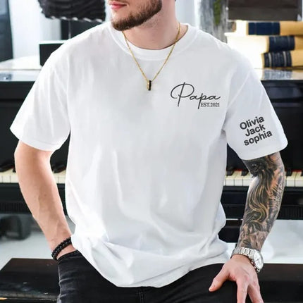 Personalised Papa Embroidered Shirt, Custom Kids Name On Sleeve T-Shirt, Dad Est Year Tee Tops, Funny Gift For Husband, Father's Day Gift