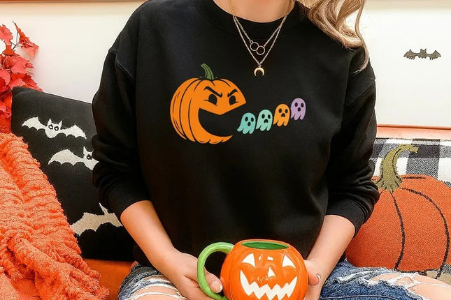 Halloween Spooky Ghost Sweatshirt – Pumpkin Eating Ghost Jumper, Halloween Outfits
