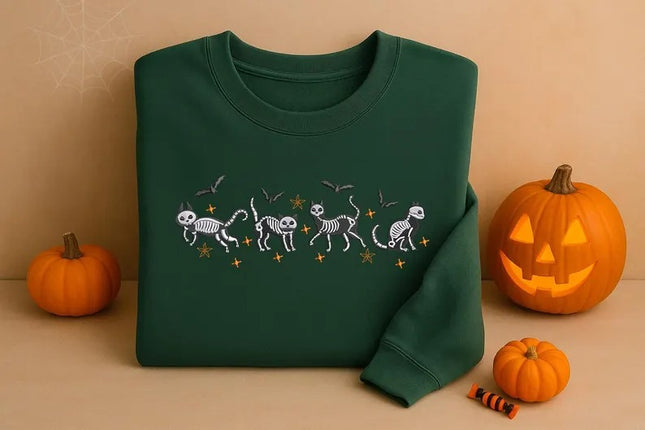 Halloween Cat Embroidered Sweatshirt – Spooky Cat Skeleton Crewneck Sweater