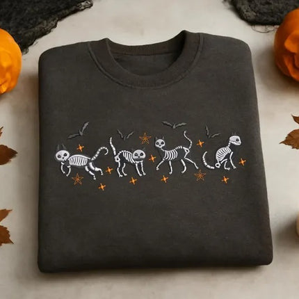 Halloween Cat Embroidered Sweatshirt – Spooky Cat Skeleton Crewneck Sweater