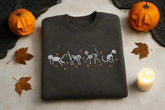 Halloween Cat Embroidered Sweatshirt – Spooky Cat Skeleton Crewneck Sweater
