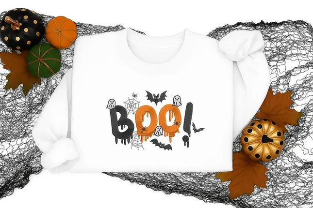Embroidered Halloween Boo Sweatshirt – Spooky Bat Ghost Crewneck Sweater, Halloween Gifts