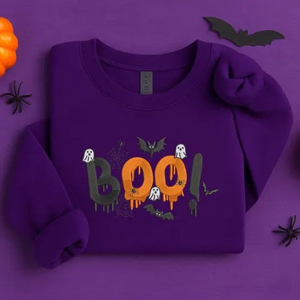 Embroidered Halloween Boo Sweatshirt – Spooky Bat Ghost Crewneck Sweater, Halloween Gifts