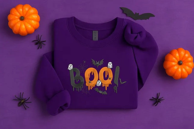 Embroidered Halloween Boo Sweatshirt – Spooky Bat Ghost Crewneck Sweater, Halloween Gifts