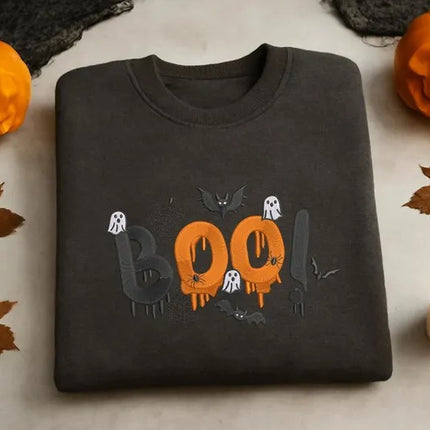 Embroidered Halloween Boo Sweatshirt – Spooky Bat Ghost Crewneck Sweater, Halloween Gifts