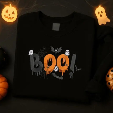 Embroidered Halloween Boo Sweatshirt – Spooky Bat Ghost Crewneck Sweater, Halloween Gifts