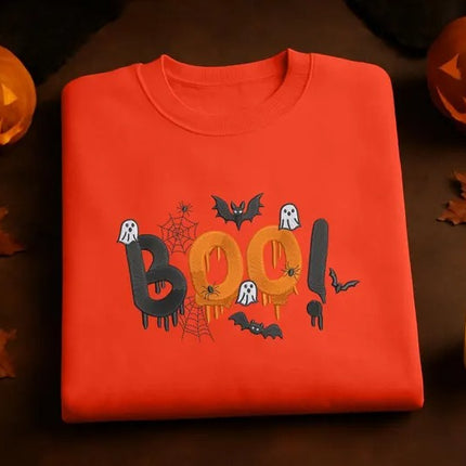 Embroidered Halloween Boo Sweatshirt – Spooky Bat Ghost Crewneck Sweater, Halloween Gifts