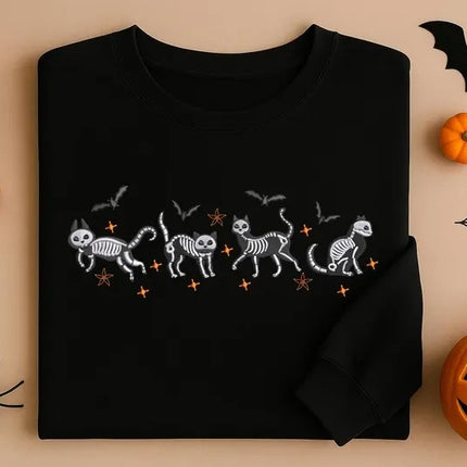 Halloween Cat Embroidered Sweatshirt – Spooky Cat Skeleton Crewneck Sweater