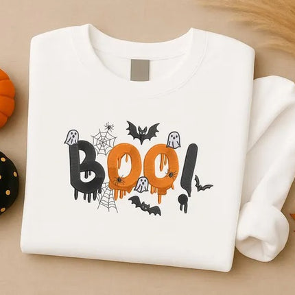 Embroidered Halloween Boo Sweatshirt – Spooky Bat Ghost Crewneck Sweater, Halloween Gifts