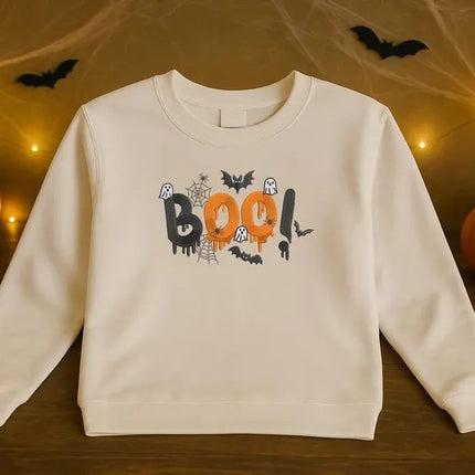 Embroidered Halloween Boo Sweatshirt – Spooky Bat Ghost Crewneck Sweater, Halloween Gifts