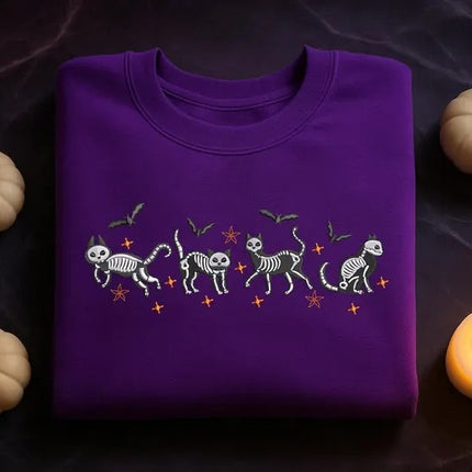 Halloween Cat Embroidered Sweatshirt – Spooky Cat Skeleton Crewneck Sweater
