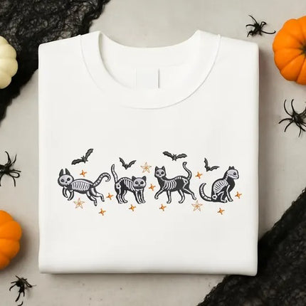 Halloween Cat Embroidered Sweatshirt – Spooky Cat Skeleton Crewneck Sweater