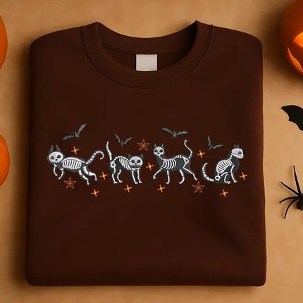 Halloween Cat Embroidered Sweatshirt – Spooky Cat Skeleton Crewneck Sweater