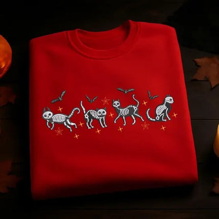 Halloween Cat Embroidered Sweatshirt – Spooky Cat Skeleton Crewneck Sweater