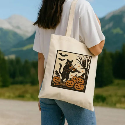 Spooky Halloween Tote Bag, Witchy Cat Printed Tote Bag, Fall Season Halloween Totes