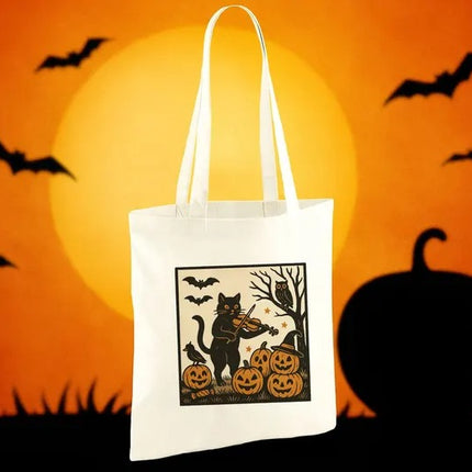 Spooky Halloween Tote Bag, Witchy Cat Printed Tote Bag, Fall Season Halloween Totes
