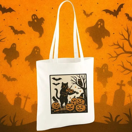 Spooky Halloween Tote Bag, Witchy Cat Printed Tote Bag, Fall Season Halloween Totes
