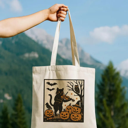 Spooky Halloween Tote Bag, Witchy Cat Printed Tote Bag, Fall Season Halloween Totes