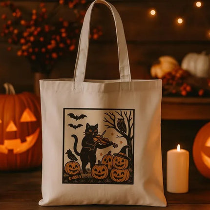 Spooky Halloween Tote Bag, Witchy Cat Printed Tote Bag, Fall Season Halloween Totes