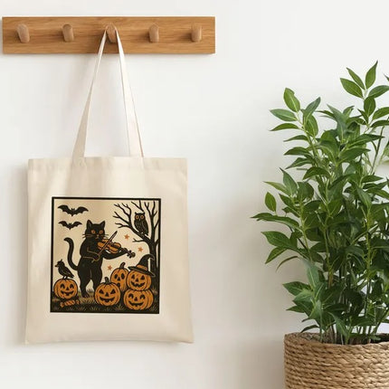Spooky Halloween Tote Bag, Witchy Cat Printed Tote Bag, Fall Season Halloween Totes