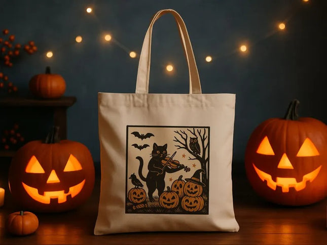 Spooky Halloween Tote Bag, Witchy Cat Printed Tote Bag, Fall Season Halloween Totes