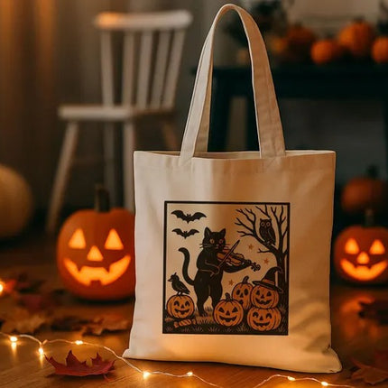 Spooky Halloween Tote Bag, Witchy Cat Printed Tote Bag, Fall Season Halloween Totes