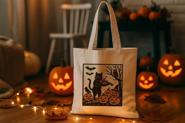 Spooky Halloween Tote Bag, Witchy Cat Printed Tote Bag, Fall Season Halloween Totes