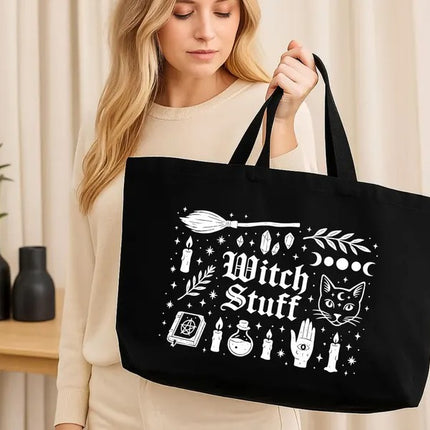 Witch Stuff Halloween Tote Bag, Cute Goth Girl Printed Tote Bag, Spooky Season Tote Bag