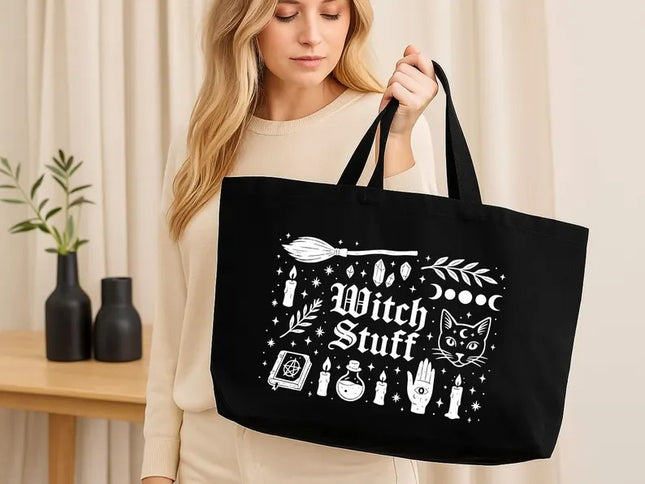 Witch Stuff Halloween Tote Bag, Cute Goth Girl Printed Tote Bag, Spooky Season Tote Bag