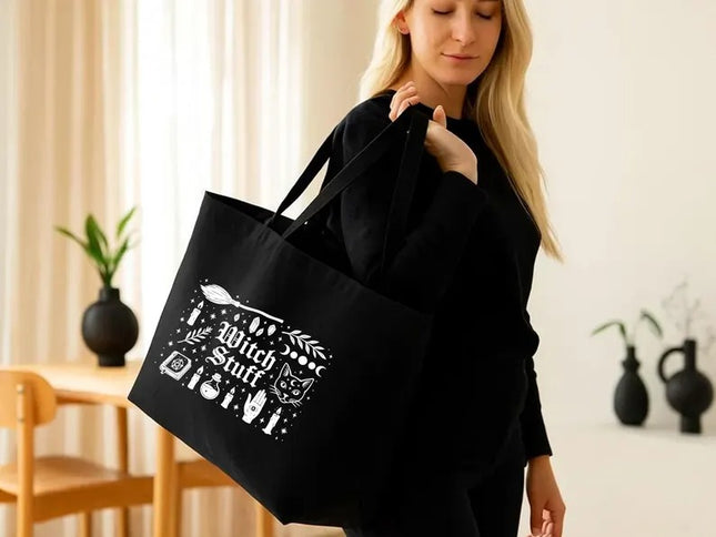 Witch Stuff Halloween Tote Bag, Cute Goth Girl Printed Tote Bag, Spooky Season Tote Bag