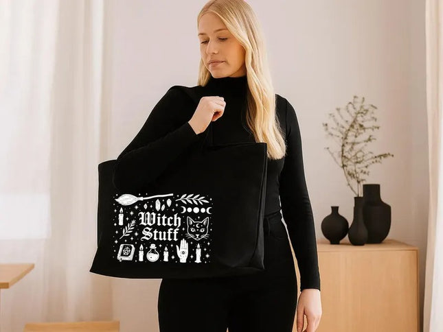 Witch Stuff Halloween Tote Bag, Cute Goth Girl Printed Tote Bag, Spooky Season Tote Bag
