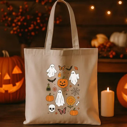 Halloween Doodles Tote Bags, Trick or Treat Bag, Halloween Kids Pumpkin Tote Bag