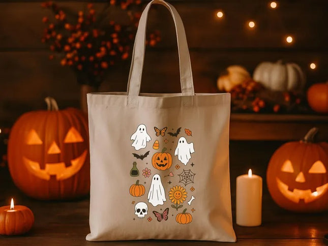 Halloween Doodles Tote Bags, Trick or Treat Bag, Halloween Kids Pumpkin Tote Bag
