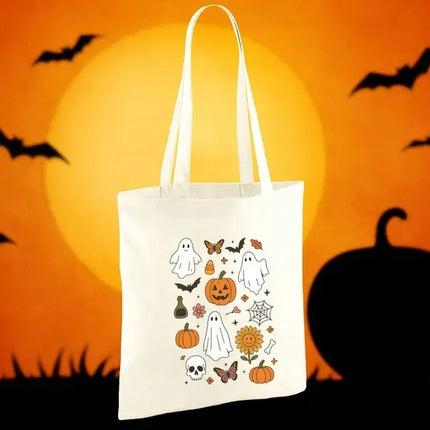 Halloween Doodles Tote Bags, Trick or Treat Bag, Halloween Kids Pumpkin Tote Bag