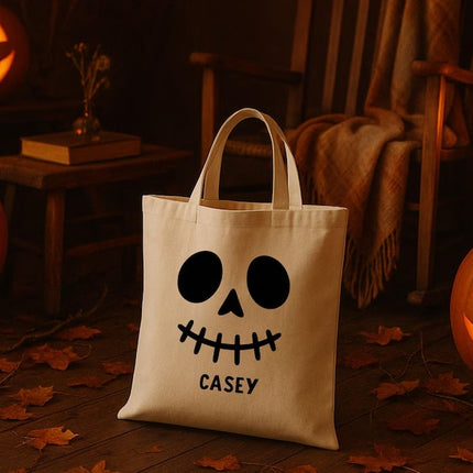 Personalised Skeleton Trick or Treat Bag, Halloween Printed Tote Bag with Name for Kids