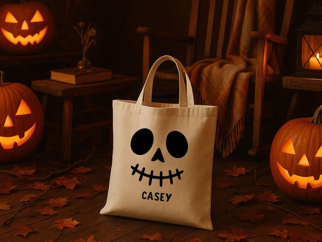Personalised Skeleton Trick or Treat Bag, Halloween Printed Tote Bag with Name for Kids