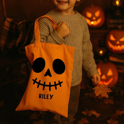 Personalised Skeleton Trick or Treat Bag, Halloween Printed Tote Bag with Name for Kids