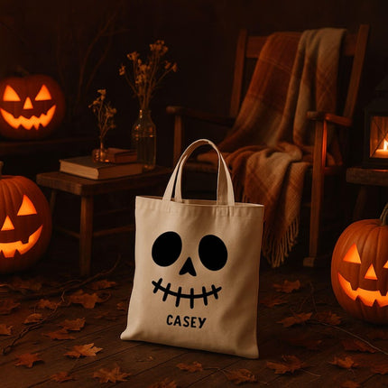 Personalised Skeleton Trick or Treat Bag, Halloween Printed Tote Bag with Name for Kids