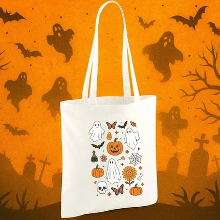 Halloween Doodles Tote Bags, Trick or Treat Bag, Halloween Kids Pumpkin Tote Bag