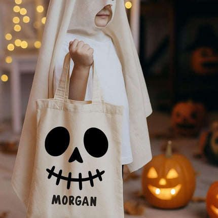 Personalised Skeleton Trick or Treat Bag, Halloween Printed Tote Bag with Name for Kids