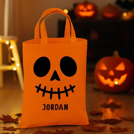 Personalised Skeleton Trick or Treat Bag, Halloween Printed Tote Bag with Name for Kids