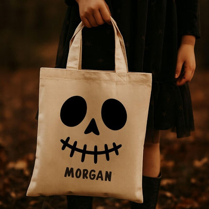 Personalised Skeleton Trick or Treat Bag, Halloween Printed Tote Bag with Name for Kids