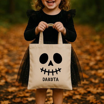 Personalised Skeleton Trick or Treat Bag, Halloween Printed Tote Bag with Name for Kids