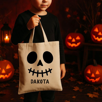 Personalised Skeleton Trick or Treat Bag, Halloween Printed Tote Bag with Name for Kids