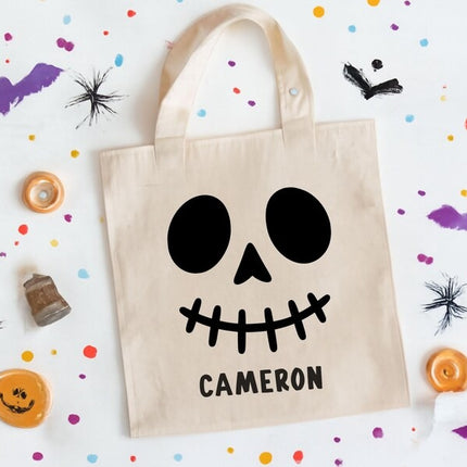 Personalised Skeleton Trick or Treat Bag, Halloween Printed Tote Bag with Name for Kids