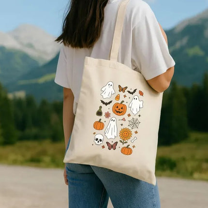 Halloween Doodles Tote Bags, Trick or Treat Bag, Halloween Kids Pumpkin Tote Bag