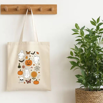 Halloween Doodles Tote Bags, Trick or Treat Bag, Halloween Kids Pumpkin Tote Bag